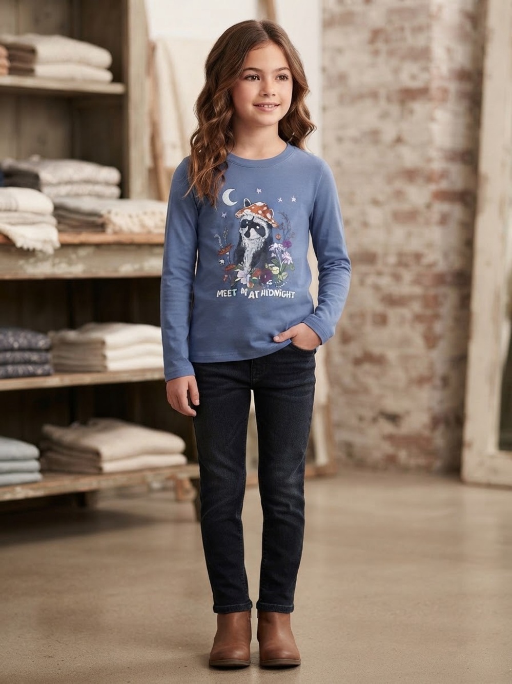 Blue Long Sleeve Tee with Midnight Skeleton Design